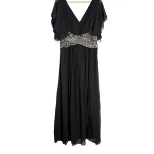 Unithorse Black Chiffon Flutter Sleeve Sequin Waist Slit Evening Formal Dress 12 thumbnail 2