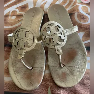 Tory Burch Gold Miller Sandals with Signature Medallion thumbnail 1