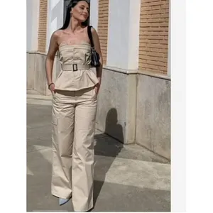 Zara Women's Sz Small Gabardine Top with Belt Light Beige Khaki Strapless Cotton thumbnail 2