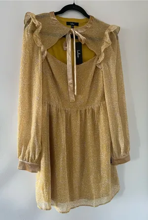 NWT Lulus Mustard Yellow Floral Ruffle Mini Dress Medium Cottagecore Romantic thumbnail 1