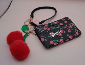 Juicy Couture Cherry Print‎ Card Holder Wallet Wristlet Black Red Pom Pom NEW thumbnail 1