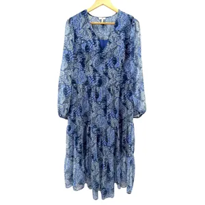 Joie Parisian Paisley Blue Tiered Midi‎ Dress V-Neck Long Sleeve Womens L Flowy thumbnail 2