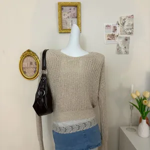 Moon & Madison Cardigan Size M Beige Open Knit V-Neck Button Down Sweater thumbnail 3