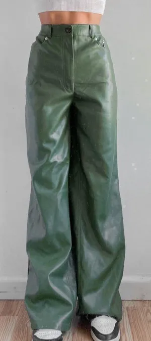Urban Outfitters‎ Faux Leather Wide Leg Green Pant Olive Army Hunter High Waist thumbnail 1
