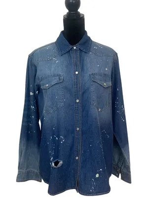 Lucky & Blessed Women's S Blue Distressed Paint Splatter Denim Western Shirt thumbnail 1