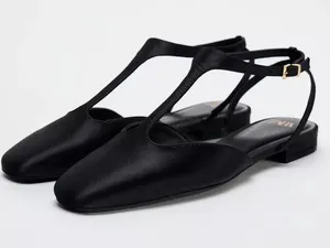 NWT BLACK SATIN EFFECT mary jane–style T-strap FLAT SHOES SIZE 7.5 thumbnail 1