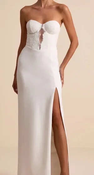 Lulu's Strapless White Lace Bustier Gown with Thigh Slit thumbnail 1