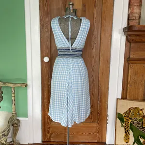 💥ALLEN SCHWARTZ Delilah Blue Gingham Smocked Waist Knee Length Dress XS💛 thumbnail 4