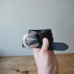 Genuine Italian Leather Western Scroll Buckle Belt Black Silver Size S USA Made thumbnail 2