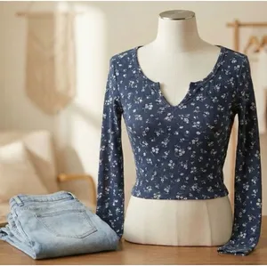 Aeropostale Junior's Soft Blue Floral Shrunken Tee Long Sleeve- Medium thumbnail 2