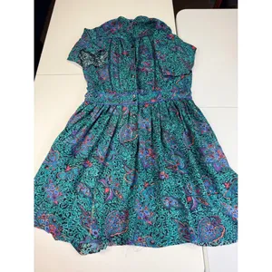 Vintage Phool Paisley Midi‎ Dress Teal Purple Mock Neck Short Sleeve India M thumbnail 9