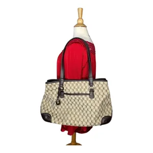 Liz Claiborne Tote Bag Womens Large‎ Beige Brown Monogram Jacquard Satchel Purse thumbnail 4