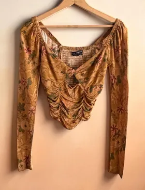 Urban Outfitters Mustard Floral Ruched‎ Keyhole Long Sleeve Crop Top Medium thumbnail 1
