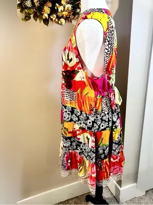 FREE PEOPLE Patchwork Dress Embellished Neck Back Cinch Boho Y2K Floral Sz M💛 thumbnail 7