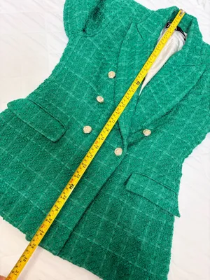 ZARA Green Bouclé Tweed Double Breasted Blazer Gold Button Quiet Luxury Preppy M thumbnail 8