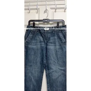 Womens Dark Wash Cropped Flare Jeans Low Rise Y2K‎ Style Denim Blue 31x25 thumbnail 3