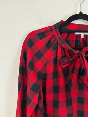 Madewell Red and Black Plaid Flannel Tie-Neck Top Size XS Women's thumbnail 3