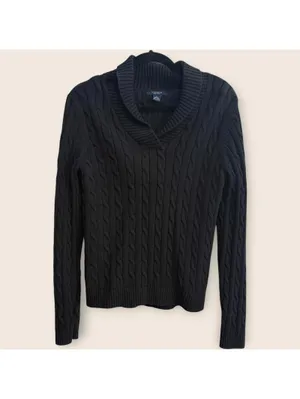 Chaps Women’s Large Black Cable Knit Shawl Collar Sweater Preppy thumbnail 2
