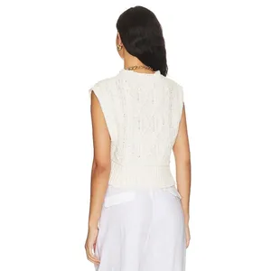 Free People Ivory Knit Rowan Sleeveless Sweater Vest Womens Medium Boxy Boho $78 thumbnail 2