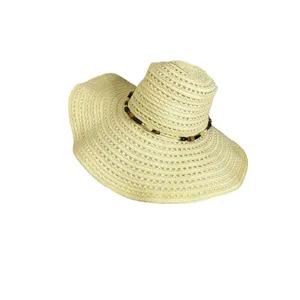 STRAW BIG RIM HAT W/ BEADS Beige‎ Tan Summer Beach Boho thumbnail 2