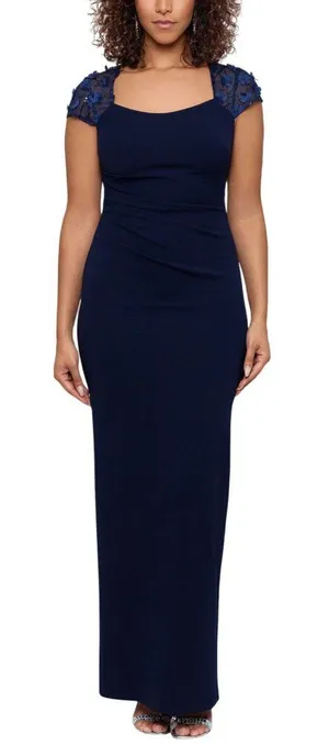 NWT X by Xscape Womens Floral Applique Cap-Sleeve Gown Navy Blue 6 thumbnail 1