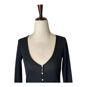 Aritzia Wilfred Sweater‎ Women XXS Black Pearl Button Ribbed Knit Top Whimsigoth thumbnail 5