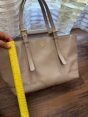 Tory Burch gray Pebbled Leather Tote with Gold Logo thumbnail 4