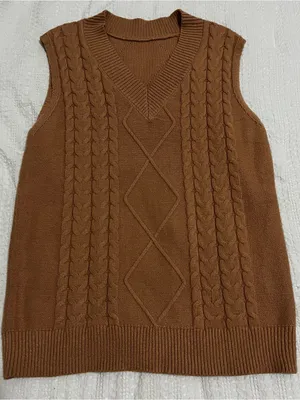 Cable Knit V-Neck Sweater Vest - Camel Tan Sz L Oversized Fit Soft Thick thumbnail 1