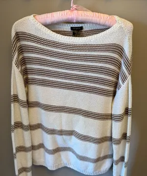 Ann Taylor Cream and Brown Striped Crewneck Sweater thumbnail 1