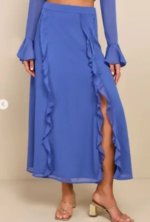 LULU's Boho Bohemian Flowy Romantic Ruffle Chiffon Blue Maxi Skirt NWT thumbnail 1