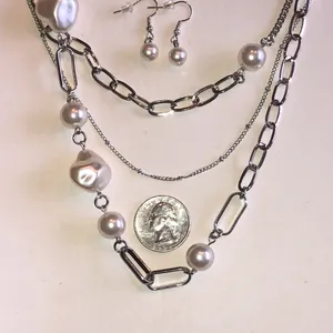 Classic Silver Tone Chain Faux Pearl Layered Necklace & Earrings Set thumbnail 5