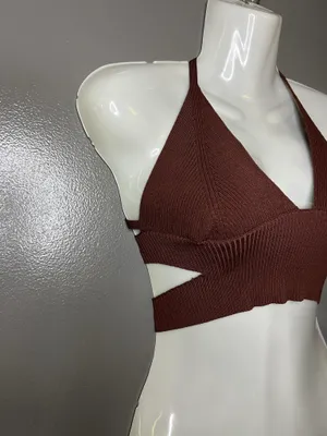 Intimately Free People Bralette Bra Womens Small Brown Ribbed Halter Tie Back thumbnail 2