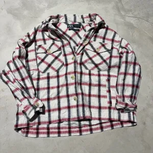 ZARA Plaid Button-Up Shirt Jacket - Cream, Red & Black Italian fabric XL thumbnail 1