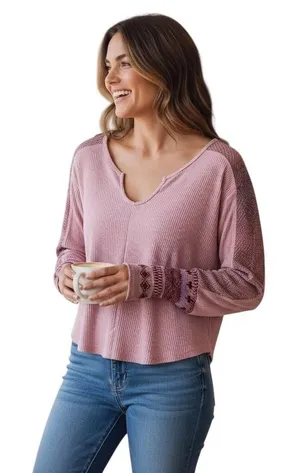 Daily Practice Anthropologie Shirt Womens XS Pink Waffle Knit Thermal Split Neck thumbnail 1