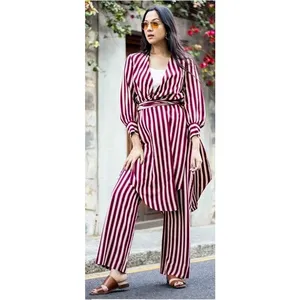 Zara Woman Burgundy Cream Striped Longline Wrap‎ Tunic Top XS thumbnail 3