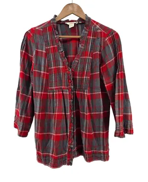 Sundance‎ Plaid Blouse Womens Medium Red Gray Ruffle Pintuck 3/4 Sleeve Cotton thumbnail 1