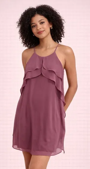 Lauren Ralph Lauren Plum‎ Purple Chiffon Tiered Ruffle Halter Shift Dress 0 thumbnail 1