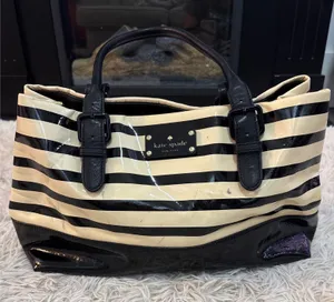 Kate Spade New York‎ Striped Patent Leather Tote Bag Black Cream thumbnail 1