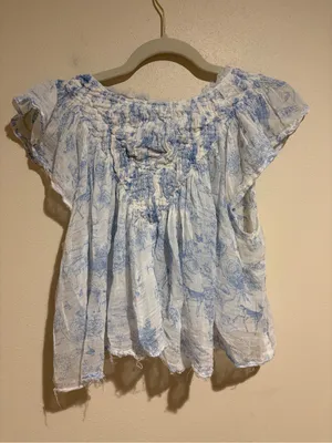 Free People FP One Printed Padma Top White Blue Toile Pattern Crop Blouse Top S thumbnail 10