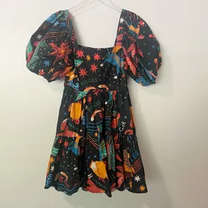 FARM RIO Zodiac Printed Mini Dress‎ size Small Puff Sleeves Celestial Witchy thumbnail 4