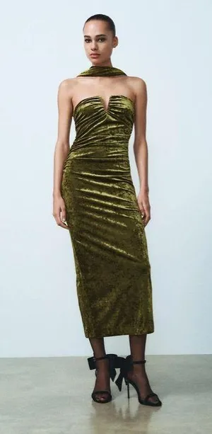 Zara dress velvet Halter neck shawl corset bodycon velour green evening gown thumbnail 13