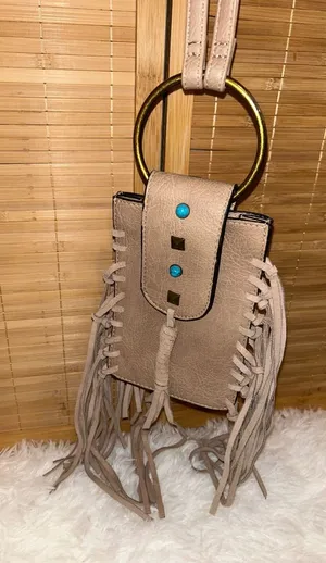 Mudd Faux Leather Taupe Cell Phone Crossbody Bag Studded Fringe O-ring handle thumbnail 1