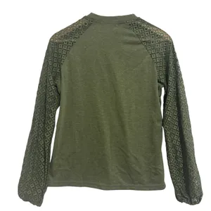 Lace Sleeve Top Womens S Olive Green Pleated Balloon Sleeve Boho Office Feminine thumbnail 3