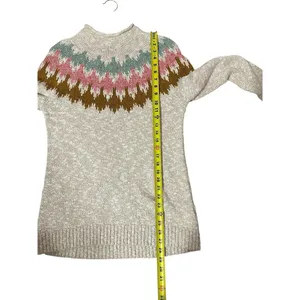 LL Bean Sweater Womens medium Beige Fair Isle Cotton Chunky Knit Mock Neck thumbnail 5