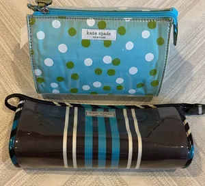 Kate Spade Blue and Green Polka Dot & Brown Striped Cosmetic Bags Set of Two thumbnail 1