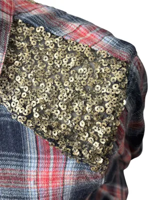 Free People Plaid Button-Down Tunic Shirt Gold Sequin Shoulder Accents S/P thumbnail 6