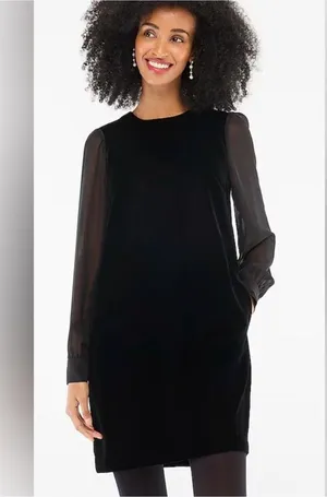 NWT JCrew Black Velvet mini dress sheer sleeves 6 tear above pocket needs repair thumbnail 2