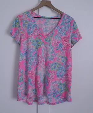 Lilly Pulitzer Pink Multicolor Floral V-Neck Short Sleeve Etta Top thumbnail 1