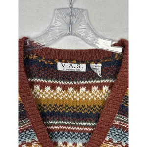 Vintage Womens Fair Isle Striped Knit Cardigan Sweater Buttons V Neck Wool Sz M thumbnail 3