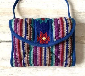 Fair Trade Stitched Purse Wallet Women’s Crossbody Bag Blue Purple Stripes thumbnail 1